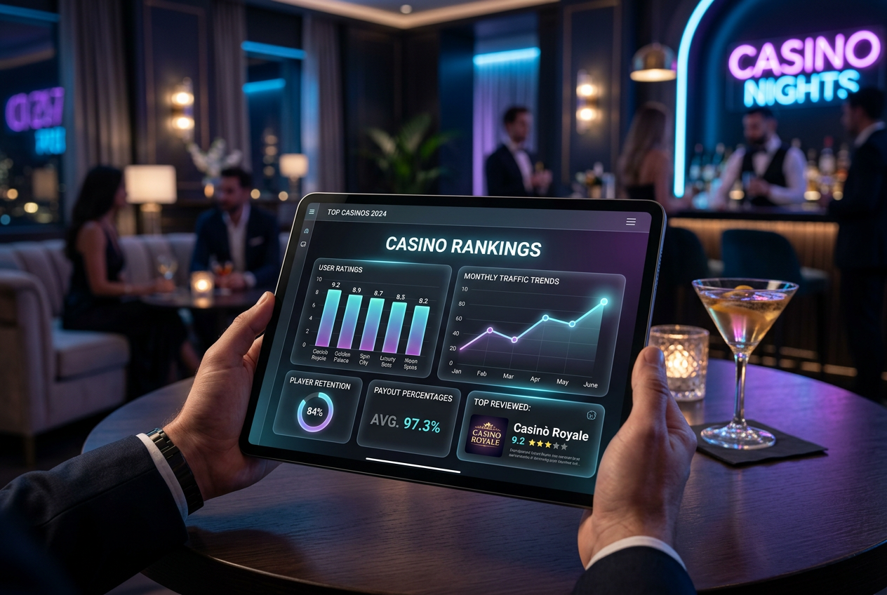 A professional digital dashboard displaying casino rankings and data.