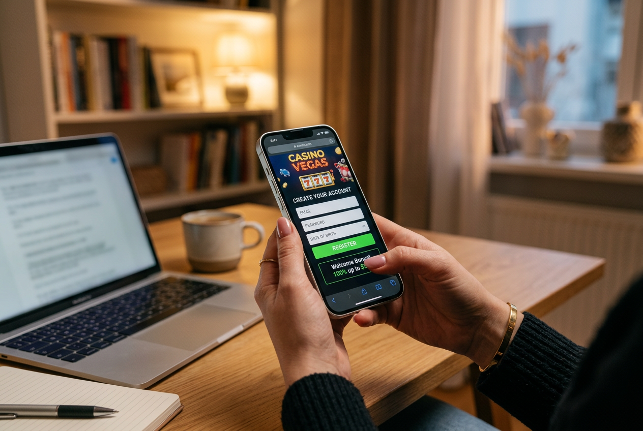 Osoba rejestrująca konto w kasynie na smartfonie.