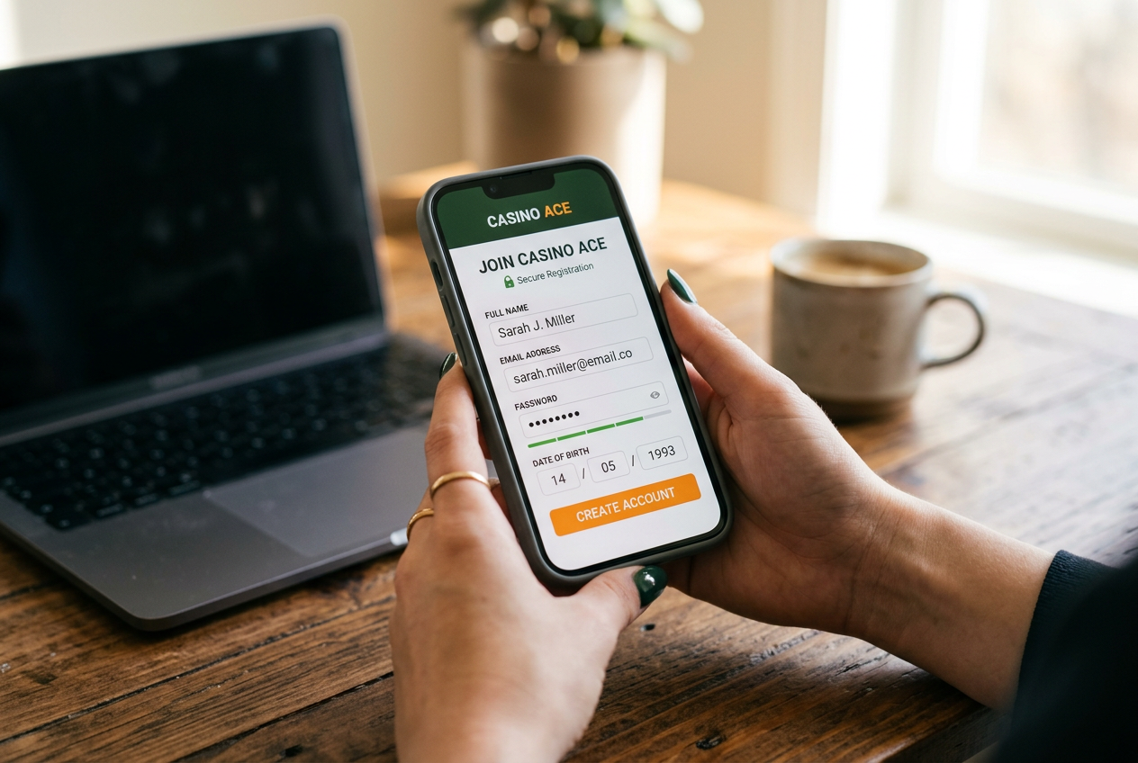 Kobieta rejestrująca się w kasynie online na smartfonie