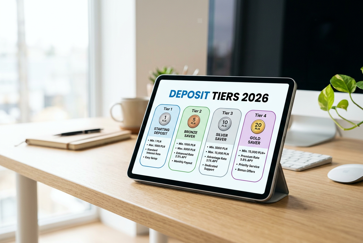 An educational infographic displayed on a digital tablet showing 1, 5, 10, and 20 PLN entry levels for online platforms.