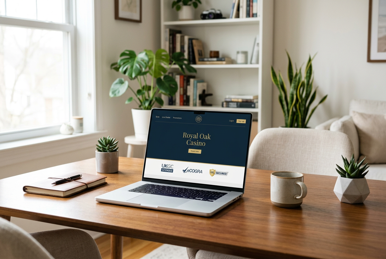 Elegancki laptop wyświetlający bezpieczną stronę kasyna internetowego.