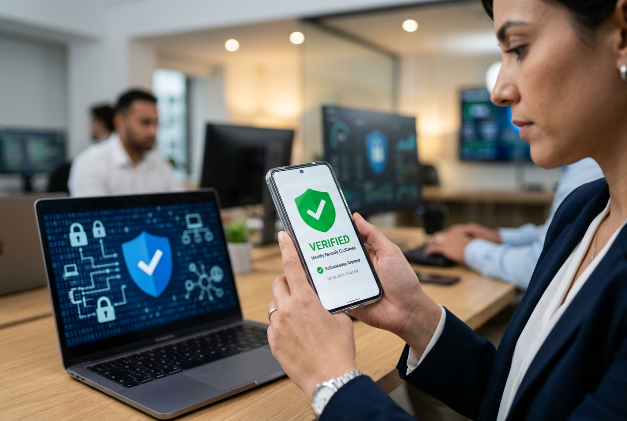 Secure digital identity verification and mobile banking concept.