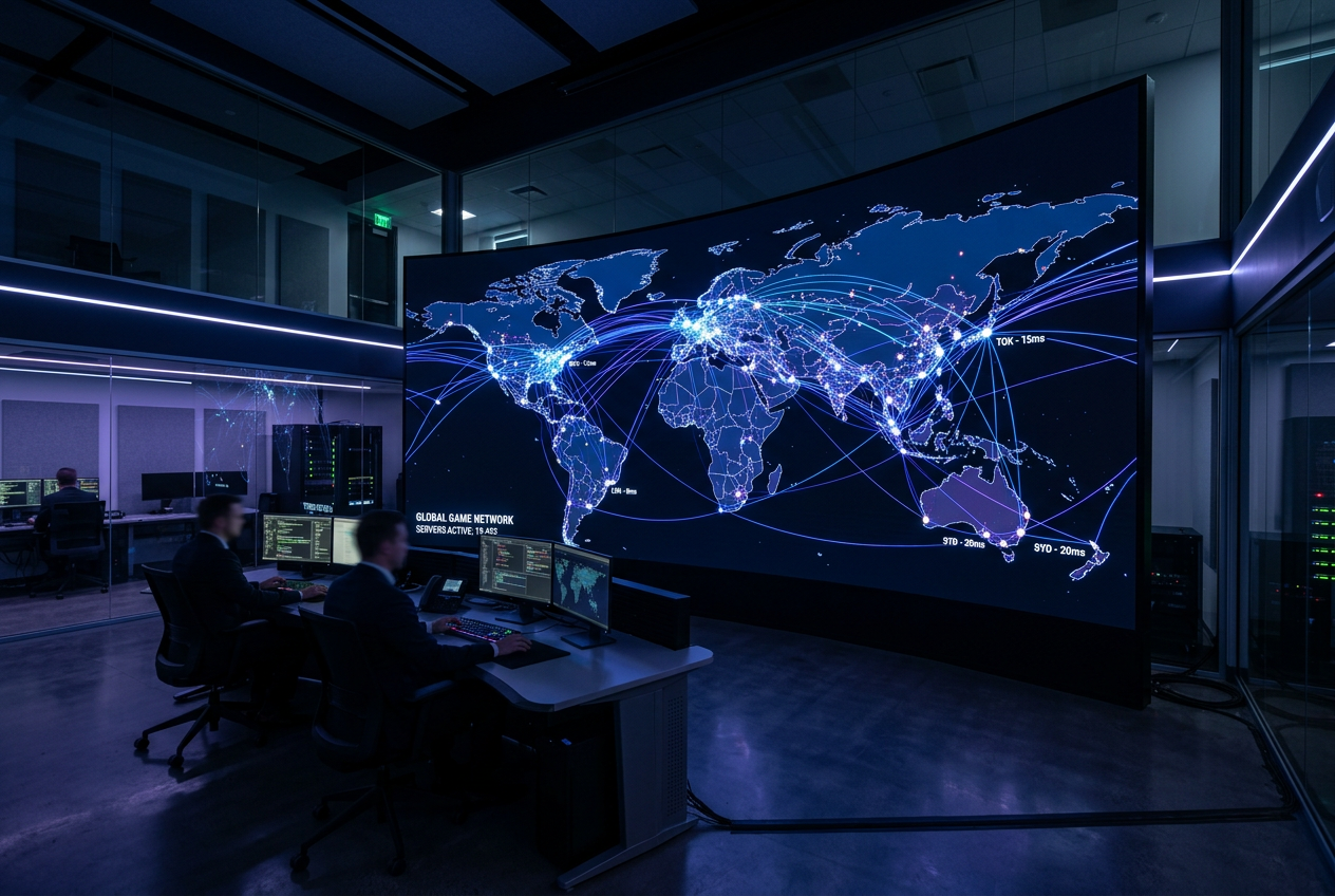 Global map on a monitor representing international gaming servers
